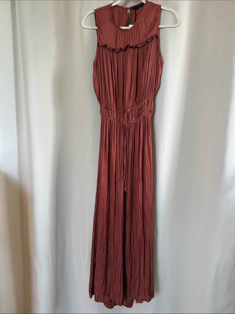Zara Sleeveless Rust Maxi Dress with Smocked Waist and Ruffle Yoke